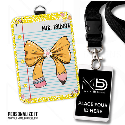 Personalized ID Badge Holder | Yellow Composition • Paper • Pencil Bow | Teacher Name