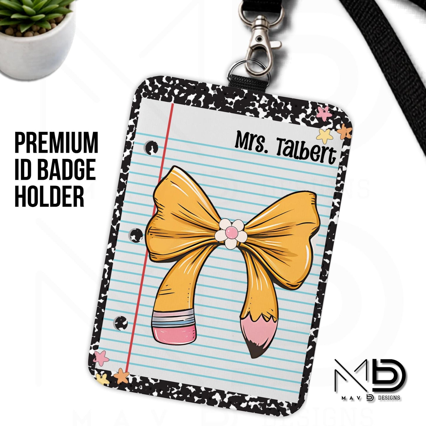 Personalized ID Badge Holder | Black Composition • Paper • Pencil Bow | Teacher Name