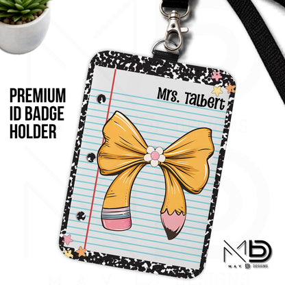 Personalized ID Badge Holder | Black Composition • Paper • Pencil Bow | Teacher Name