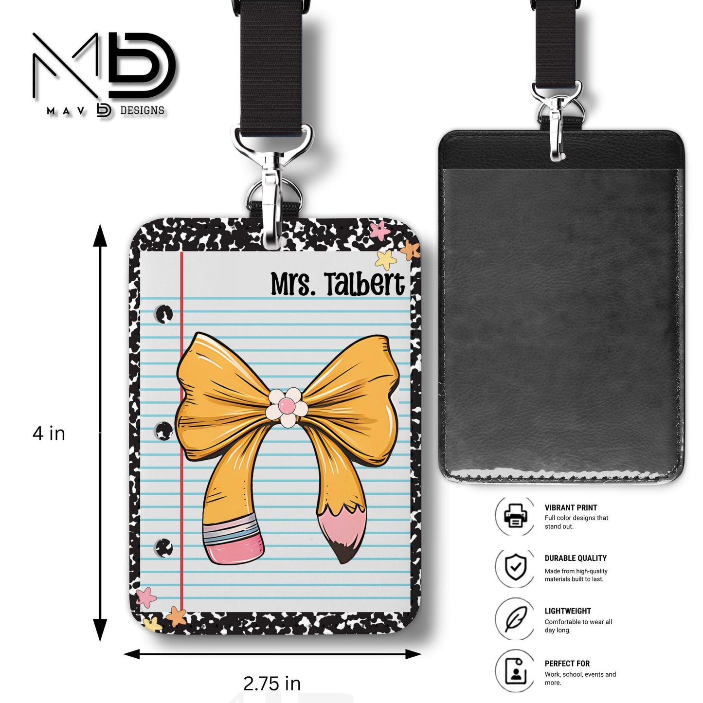 Personalized ID Badge Holder | Black Composition • Paper • Pencil Bow | Teacher Name
