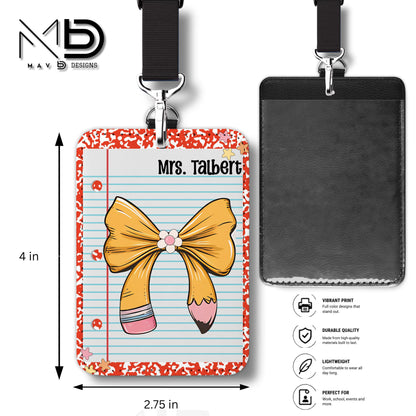Personalized ID Badge Holder | Red Composition • Paper • Pencil Bow | Teacher Name