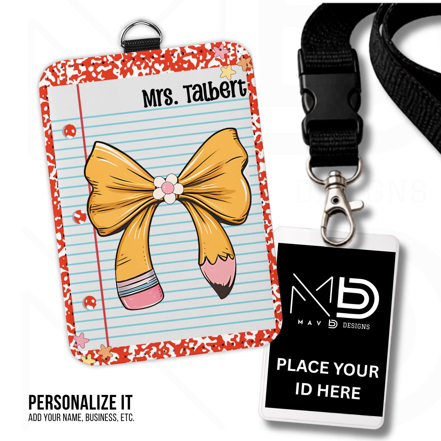 Personalized ID Badge Holder | Red Composition • Paper • Pencil Bow | Teacher Name