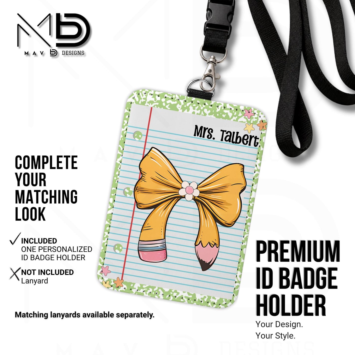 Personalized ID Badge Holder | Light Green Composition • Paper • Pencil Bow | Teacher Name