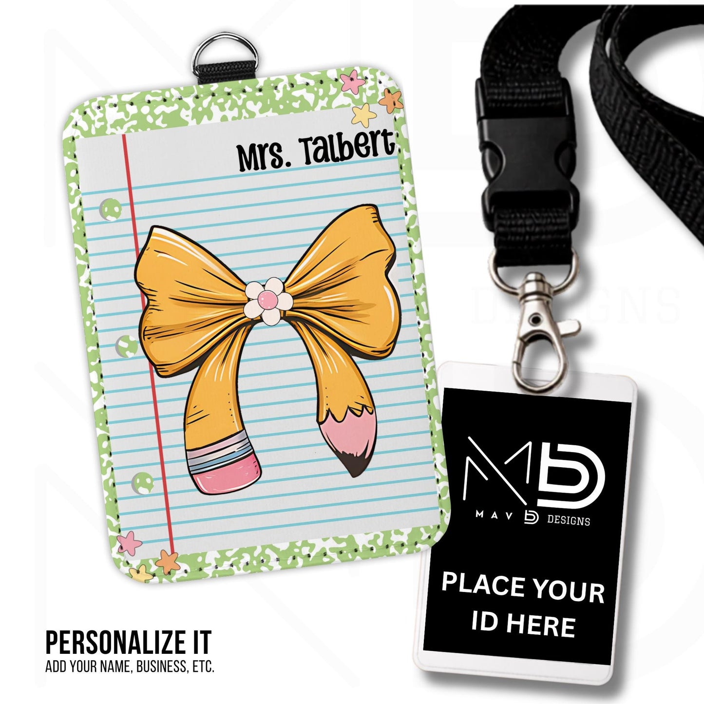 Personalized ID Badge Holder | Light Green Composition • Paper • Pencil Bow | Teacher Name