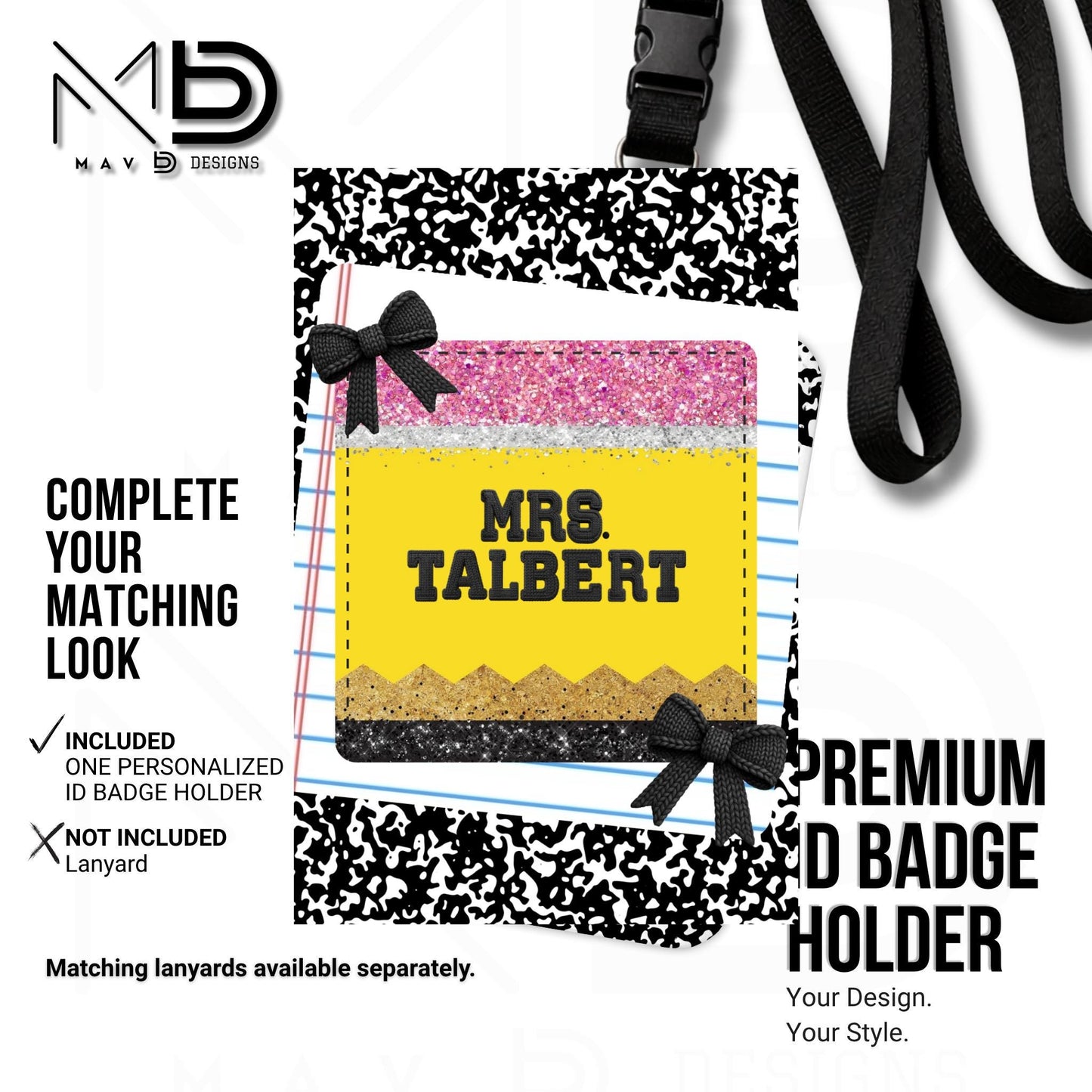 Personalized ID Badge Holder | Black Composition • Paper • Glitter Pencil Nameplate •  Bow | Teacher Name
