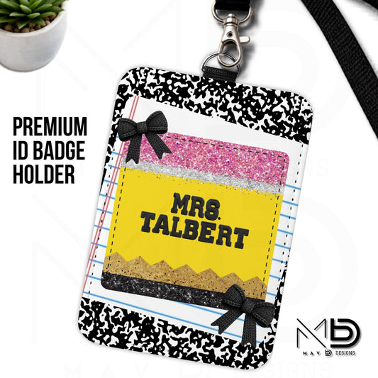 Personalized ID Badge Holder | Black Composition • Paper • Glitter Pencil Nameplate •  Bow | Teacher Name