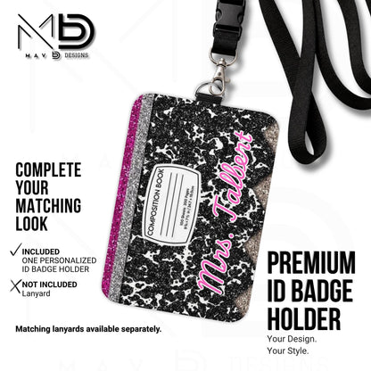 Personalized ID Badge Holder | Black Composition • Glitter Pencil Nameplate | Teacher Name