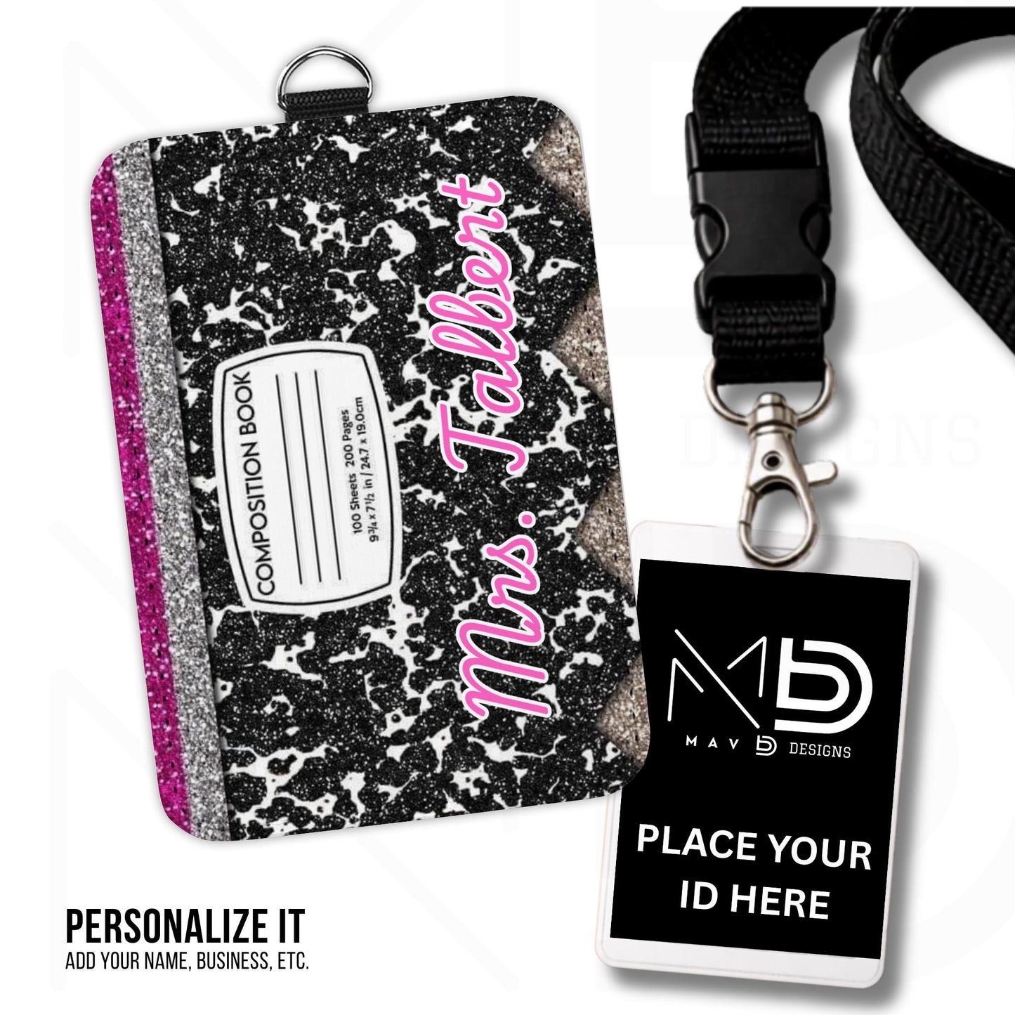 Personalized ID Badge Holder | Black Composition • Glitter Pencil Nameplate | Teacher Name
