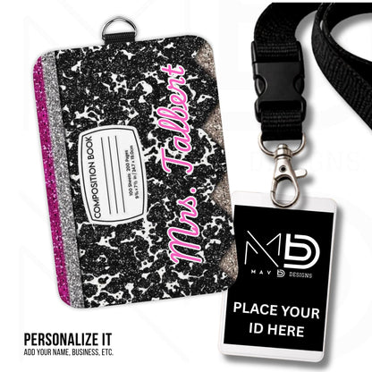 Personalized ID Badge Holder | Black Composition • Glitter Pencil Nameplate | Teacher Name