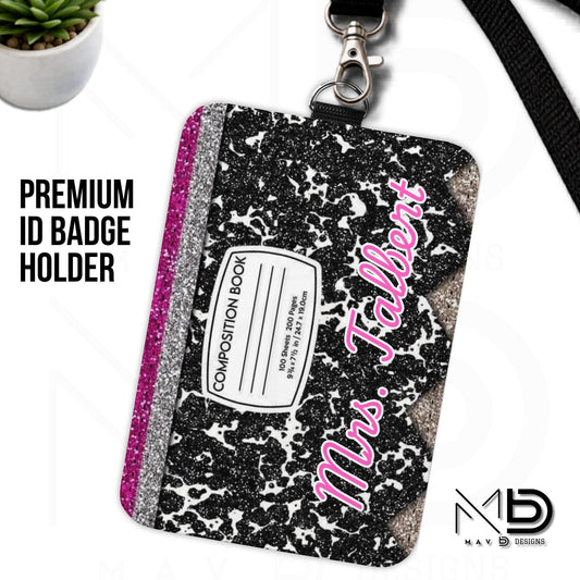 Personalized ID Badge Holder | Black Composition • Glitter Pencil Nameplate | Teacher Name