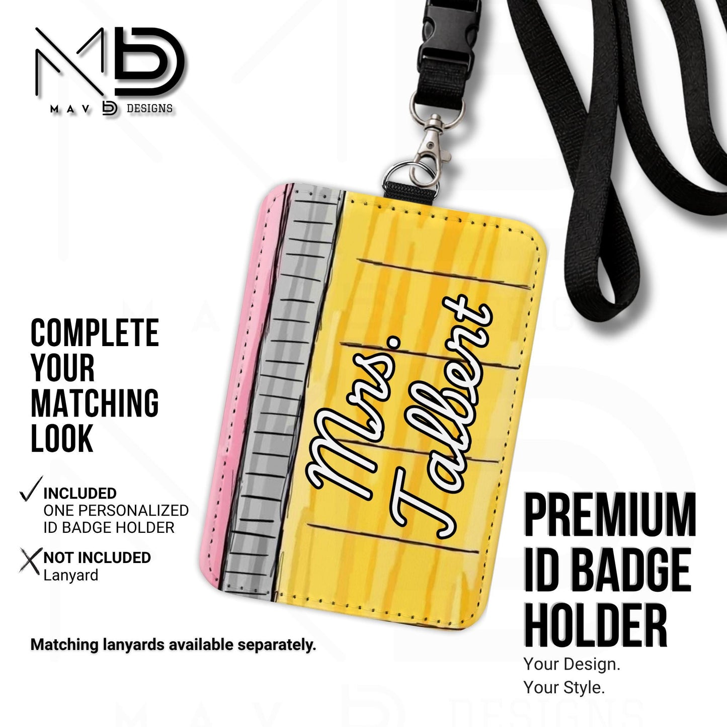 Personalized ID Badge Holder | Doodle Sketch Pencil | Teacher Name