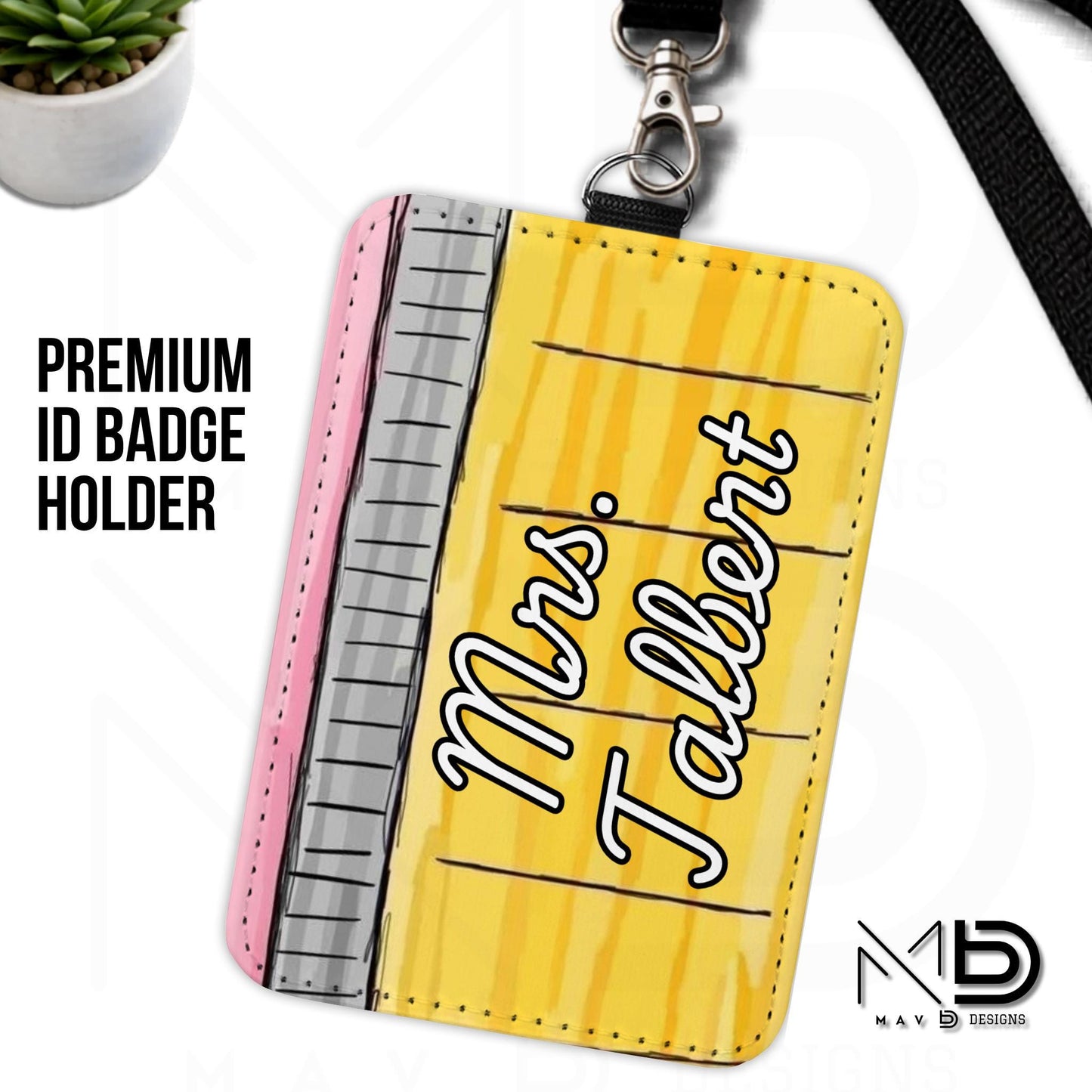 Personalized ID Badge Holder | Doodle Sketch Pencil | Teacher Name