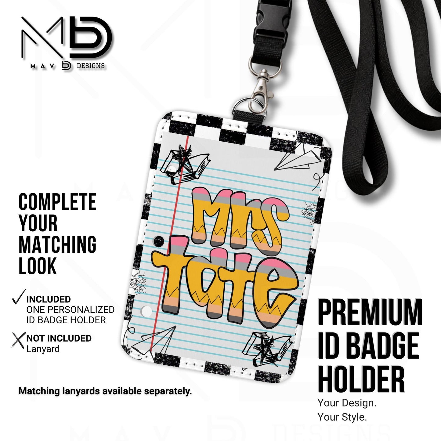Personalized ID Badge Holder | Black Checkered Doodle • Paper • Retro Pencil Name