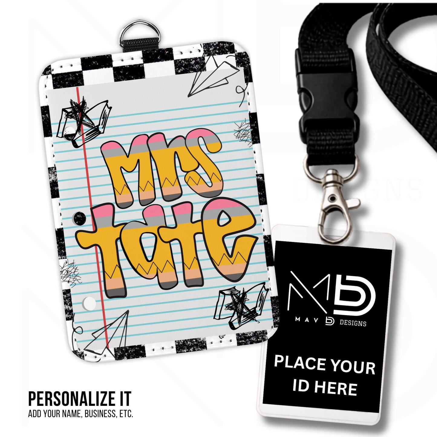 Personalized ID Badge Holder | Black Checkered Doodle • Paper • Retro Pencil Name