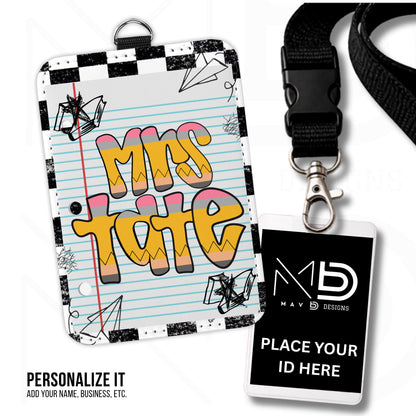 Personalized ID Badge Holder | Black Checkered Doodle • Paper • Retro Pencil Name