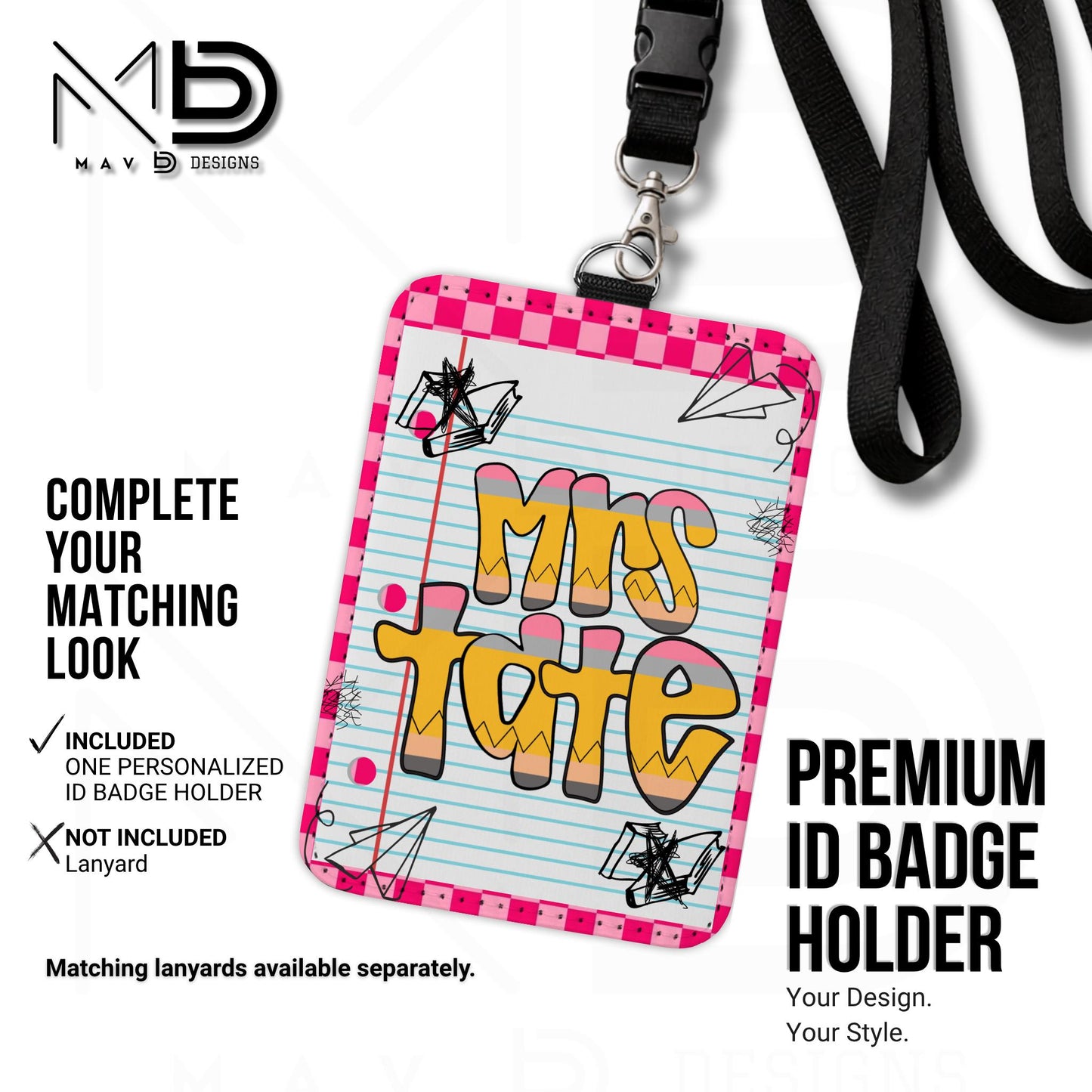 Personalized ID Badge Holder | Pink Checkered Doodle • Paper • Retro Pencil Name