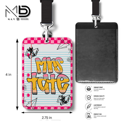 Personalized ID Badge Holder | Pink Checkered Doodle • Paper • Retro Pencil Name