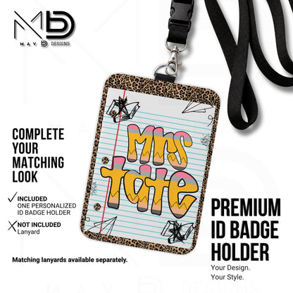 Personalized ID Badge Holder | Cheetah Print Doodle • Paper • Retro Pencil Name