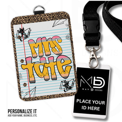 Personalized ID Badge Holder | Cheetah Print Doodle • Paper • Retro Pencil Name