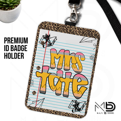 Personalized ID Badge Holder | Cheetah Print Doodle • Paper • Retro Pencil Name