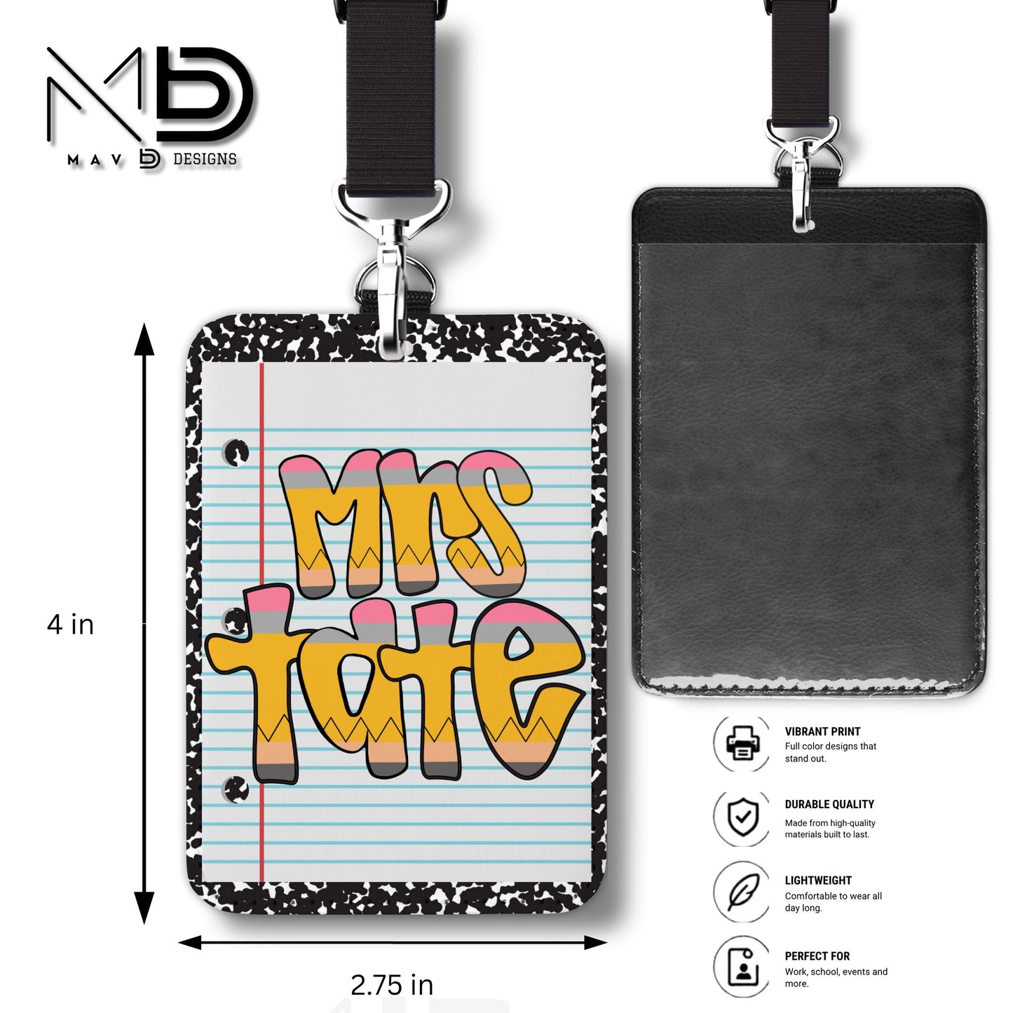 Personalized ID Badge Holder | Black Composition • Paper • Retro Pencil Name