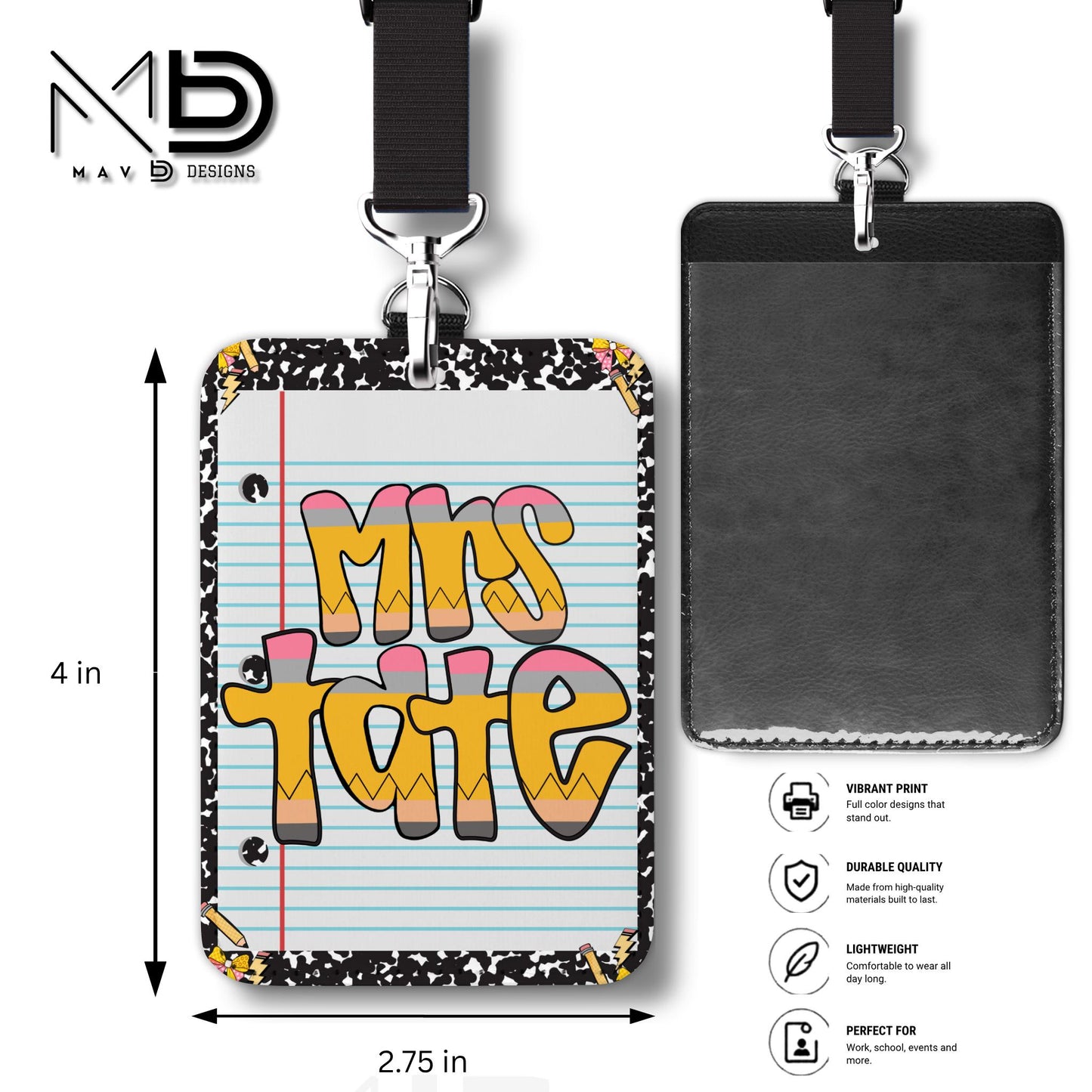 Personalized ID Badge Holder | Black Composition Pencil Bows • Paper • Retro Pencil Name