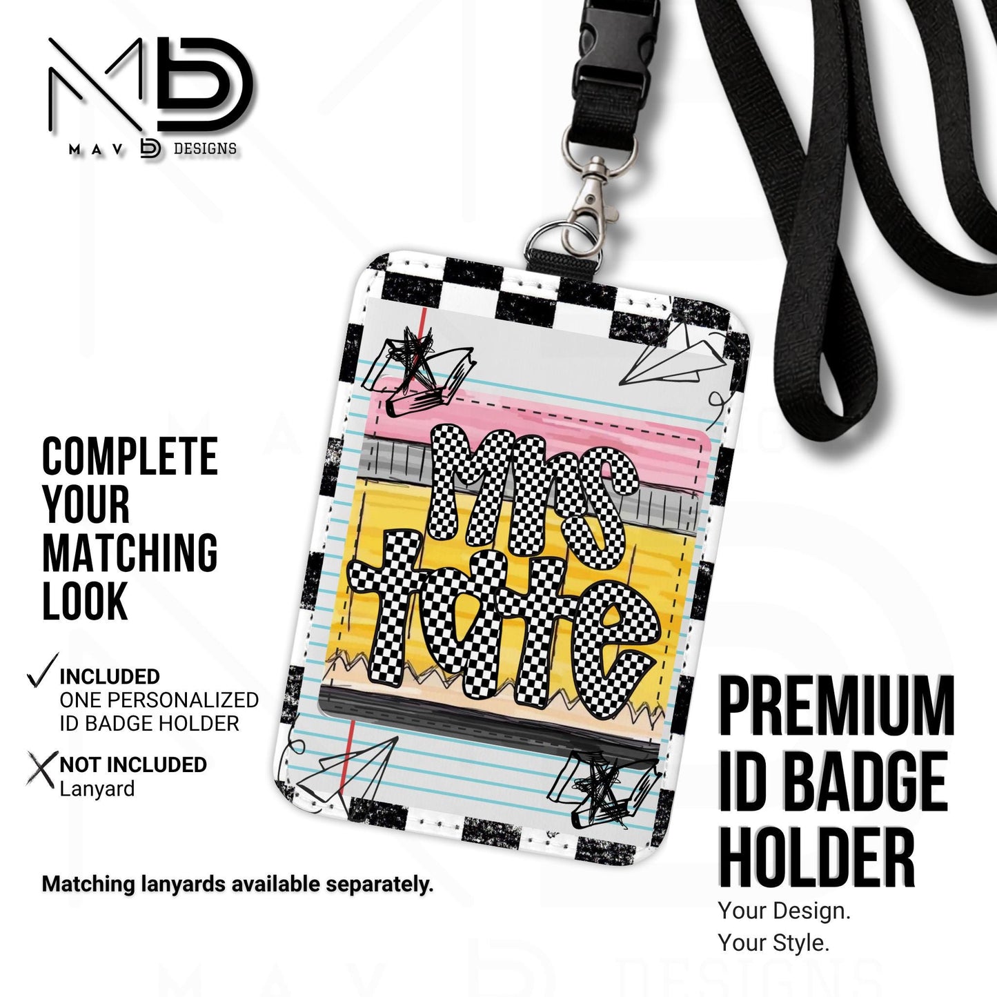 Personalized ID Badge Holder | Black Checkered Doodle • Paper • Doodle Pencil Nameplate | Checkered Name