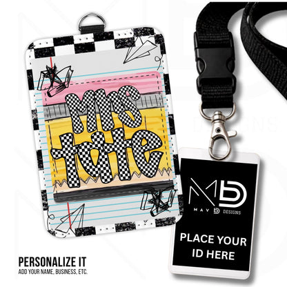 Personalized ID Badge Holder | Black Checkered Doodle • Paper • Doodle Pencil Nameplate | Checkered Name