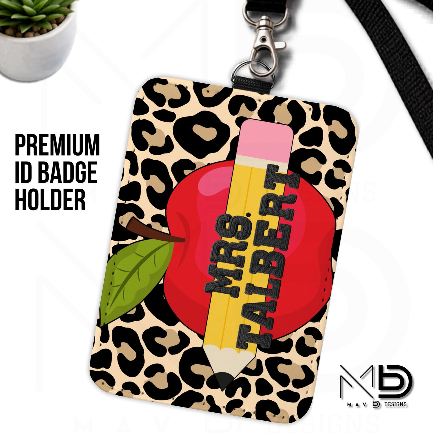 Personalized ID Badge Holder | Cheetah Print • Red Apple Pencil | Black Knit Name