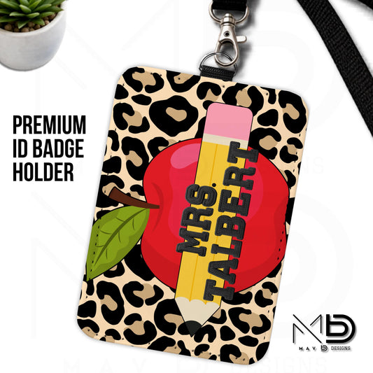 Personalized ID Badge Holder | Cheetah Print • Red Apple Pencil | Black Knit Name