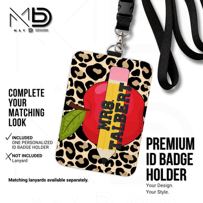 Personalized ID Badge Holder | Cheetah Print • Red Apple Pencil | Black Knit Name