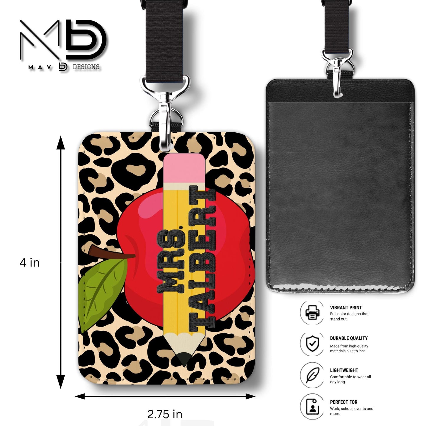 Personalized ID Badge Holder | Cheetah Print • Red Apple Pencil | Black Knit Name