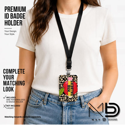 Personalized ID Badge Holder | Cheetah Print • Red Apple Pencil | Black Knit Name