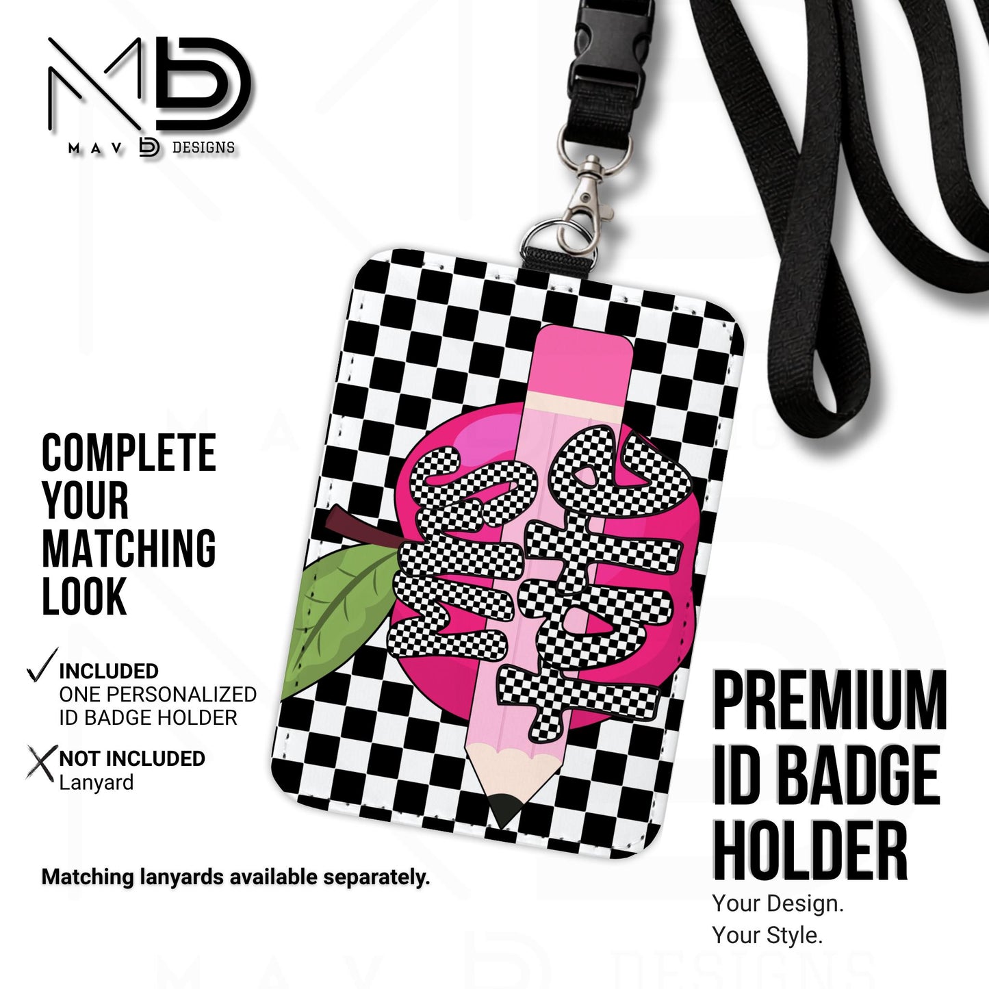 Personalized ID Badge Holder | Black Checkered Pink Apple Pencil | Checkered Name