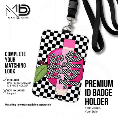 Personalized ID Badge Holder | Black Checkered Pink Apple Pencil | Checkered Name