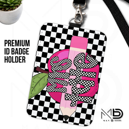 Personalized ID Badge Holder | Black Checkered Pink Apple Pencil | Checkered Name