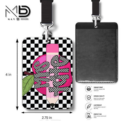 Personalized ID Badge Holder | Black Checkered Pink Apple Pencil | Checkered Name