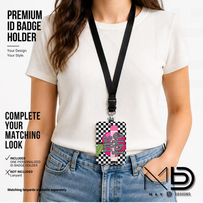 Personalized ID Badge Holder | Black Checkered Pink Apple Pencil | Checkered Name