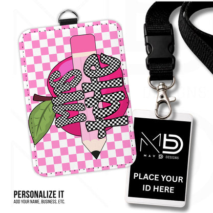 Personalized ID Badge Holder | Pink Checkered Pink Apple Pencil | Checkered Name