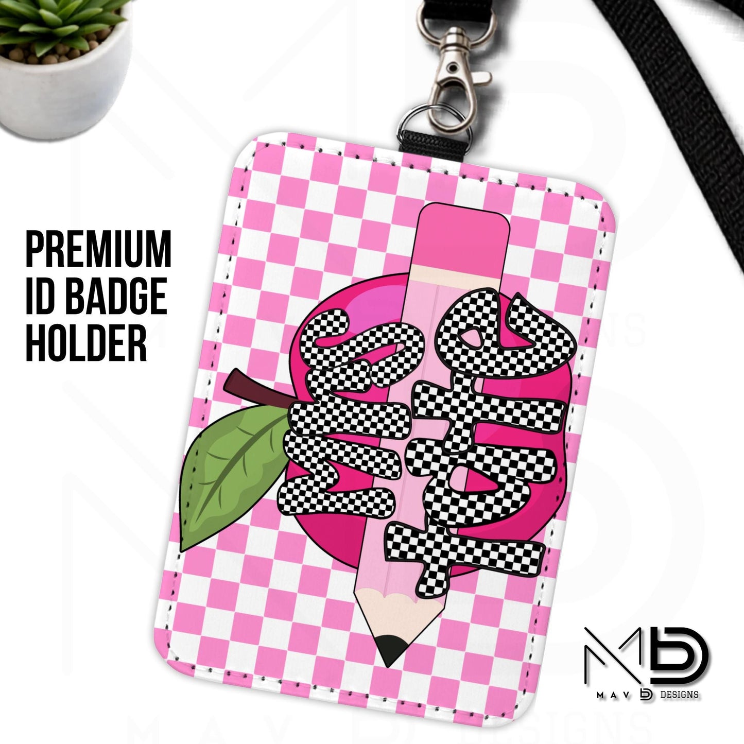 Personalized ID Badge Holder | Pink Checkered Pink Apple Pencil | Checkered Name