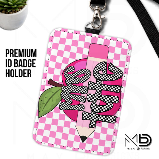 Personalized ID Badge Holder | Pink Checkered Pink Apple Pencil | Checkered Name