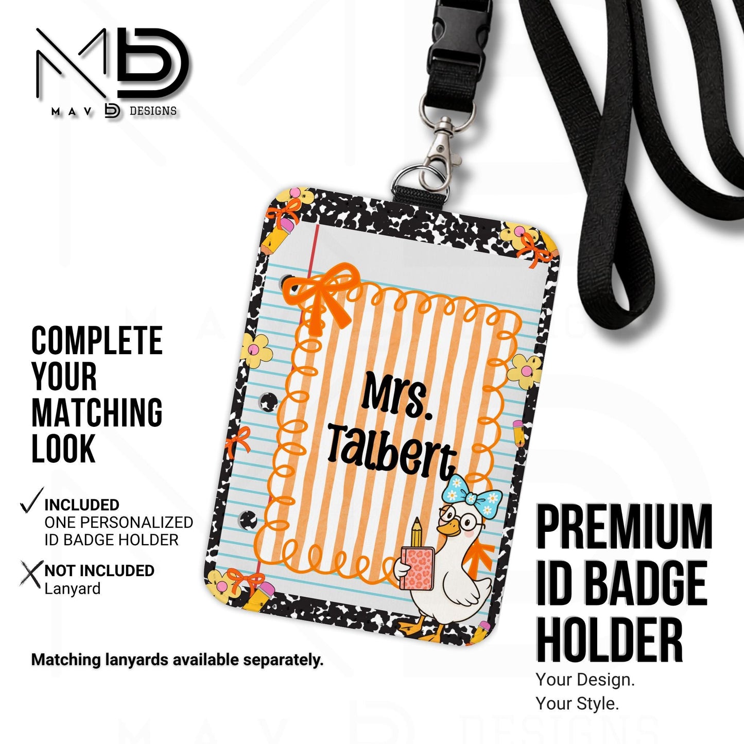 Personalized ID Badge Holder | Black Composition Paper Orange Stripes Goosey | Custom Name