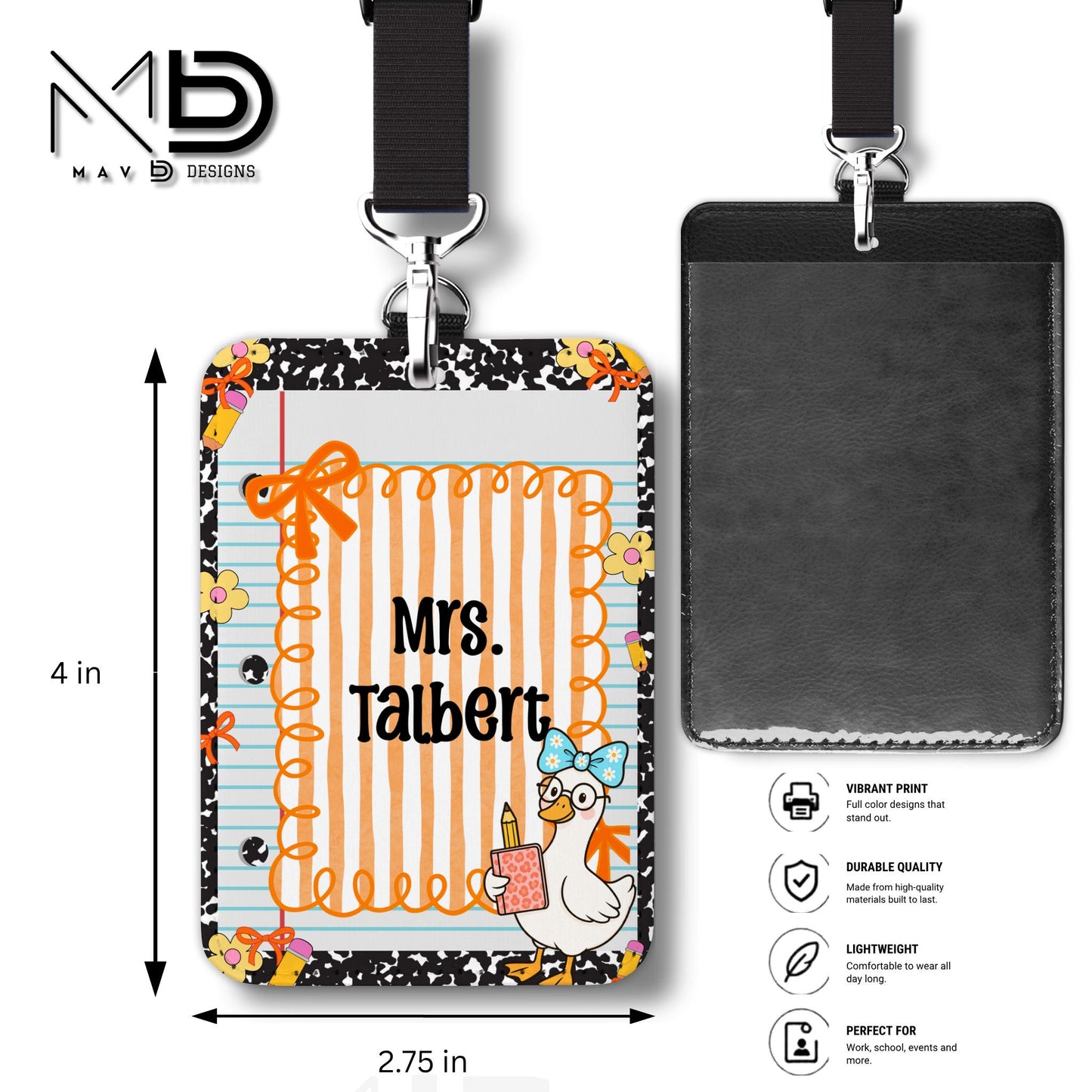 Personalized ID Badge Holder | Black Composition Paper Orange Stripes Goosey | Custom Name