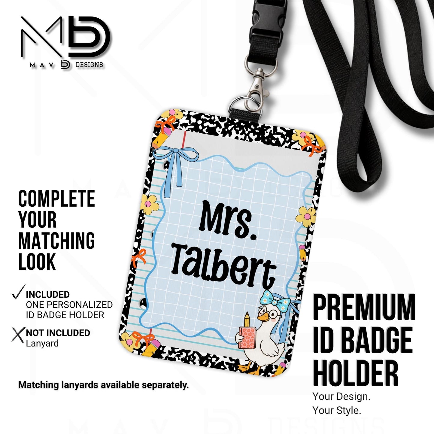 Personalized ID Badge Holder | Black Composition Paper Blue Doodle Goosey | Custom Name