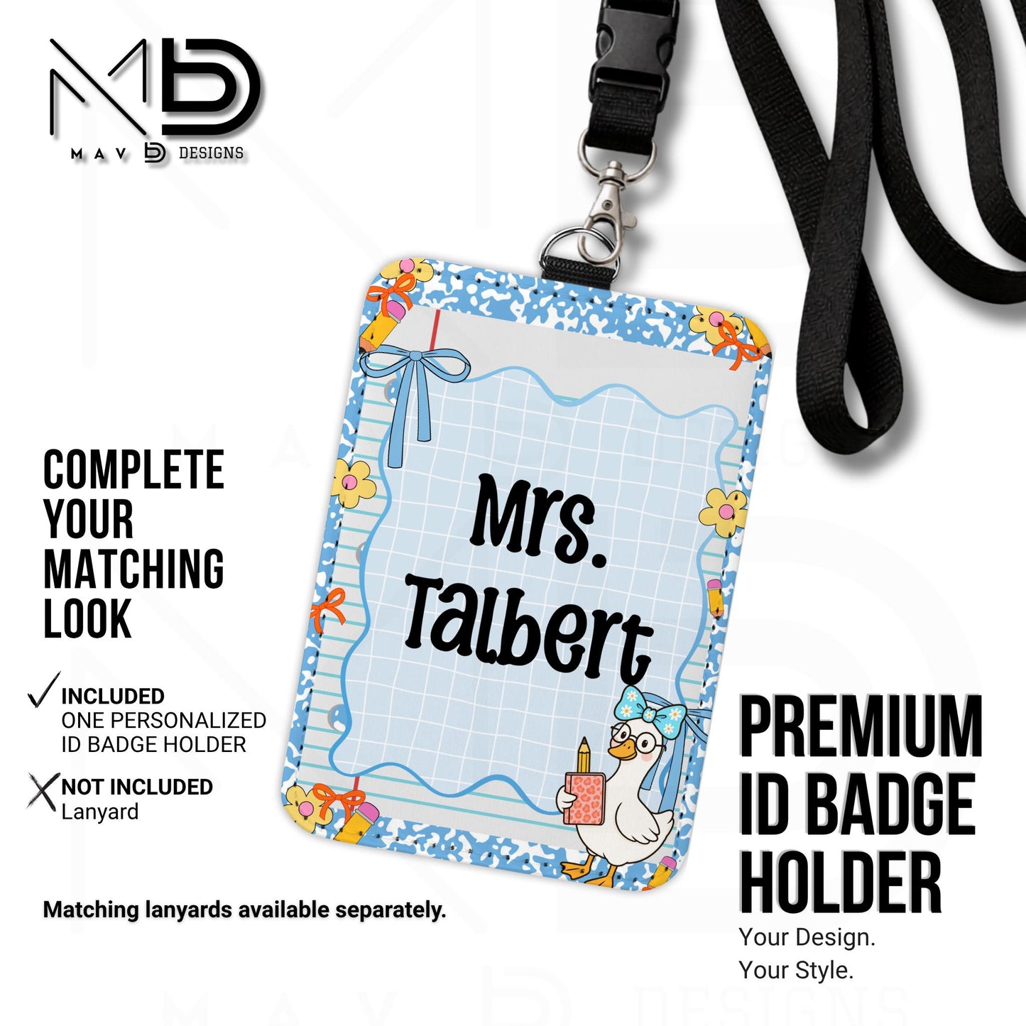 Personalized ID Badge Holder | Blue Composition Paper Blue Doodle Goosey | Custom Name