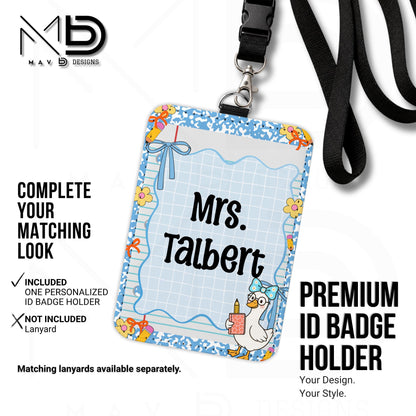 Personalized ID Badge Holder | Blue Composition Paper Blue Doodle Goosey | Custom Name