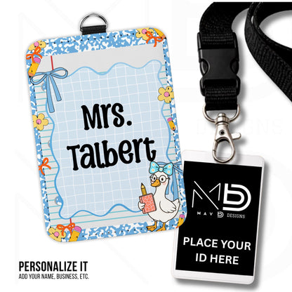 Personalized ID Badge Holder | Blue Composition Paper Blue Doodle Goosey | Custom Name