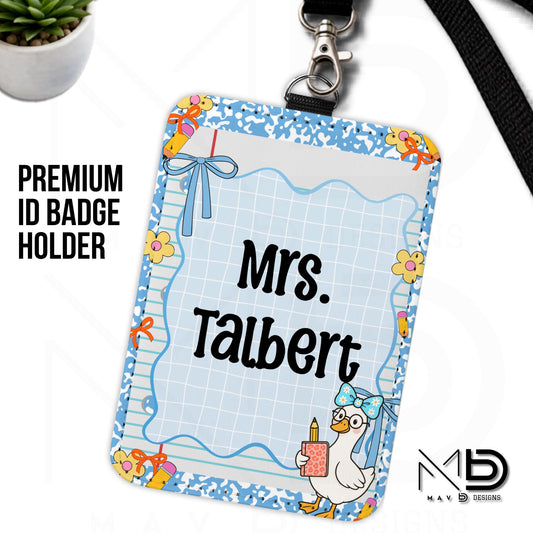 Personalized ID Badge Holder | Blue Composition Paper Blue Doodle Goosey | Custom Name