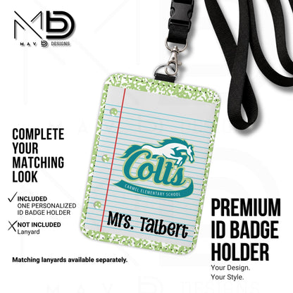 Personalized ID Badge Holder | Green Composition Custom School - Carmel Elementary Colts | Custom Name