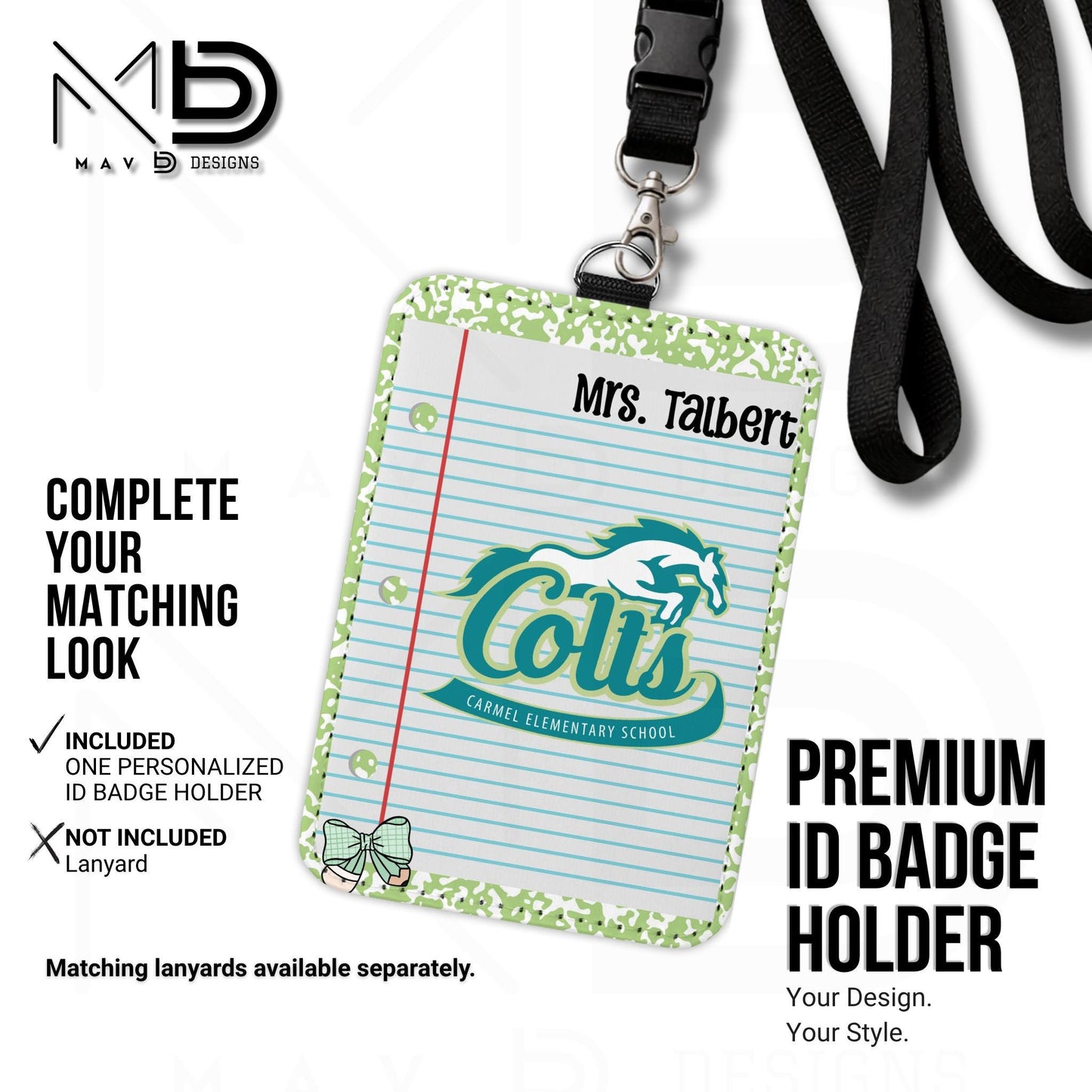 Personalized ID Badge Holder | Green Composition Custom School - Carmel Elementary Colts | Custom Name